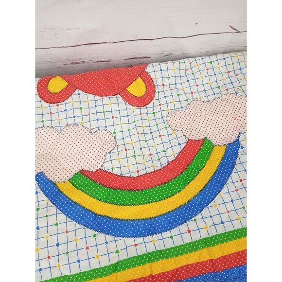 Vintage 80s Baby Dreams Quilted Baby Blanket With Rainbow & Teddy Bear Design - Picture 6 of 7